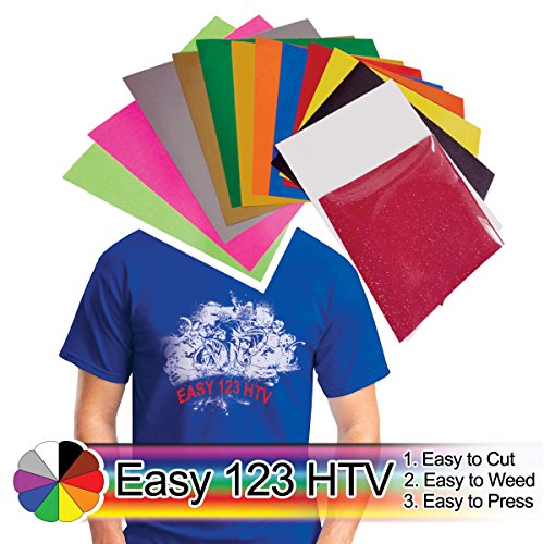 Easy 123 HTV, Easy Heat Transfer Vinyl, Iron on, Chemica FirstMark 12-Color Starter BUNDLE, Easy to Cut, Easy to Weed, Easy to Press. Bonus Glitter Bling Bling, Bonus 2 Sheets of Parchment Paper