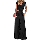 PRETTYGARDEN Women's Summer 2 Piece Outfits 2026 Cap Sleeve V Neck Belted Crop Tops Wide Leg Pant Sets Casual Tracksuit