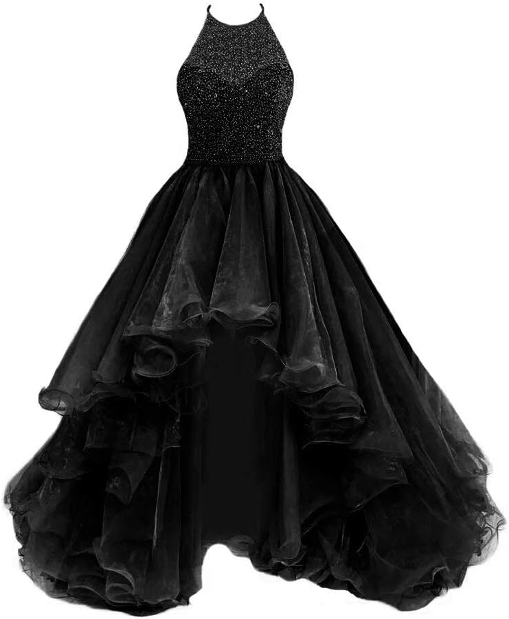 TBGirl Women's High Low Beading Black Organza Halter Prom Dresses