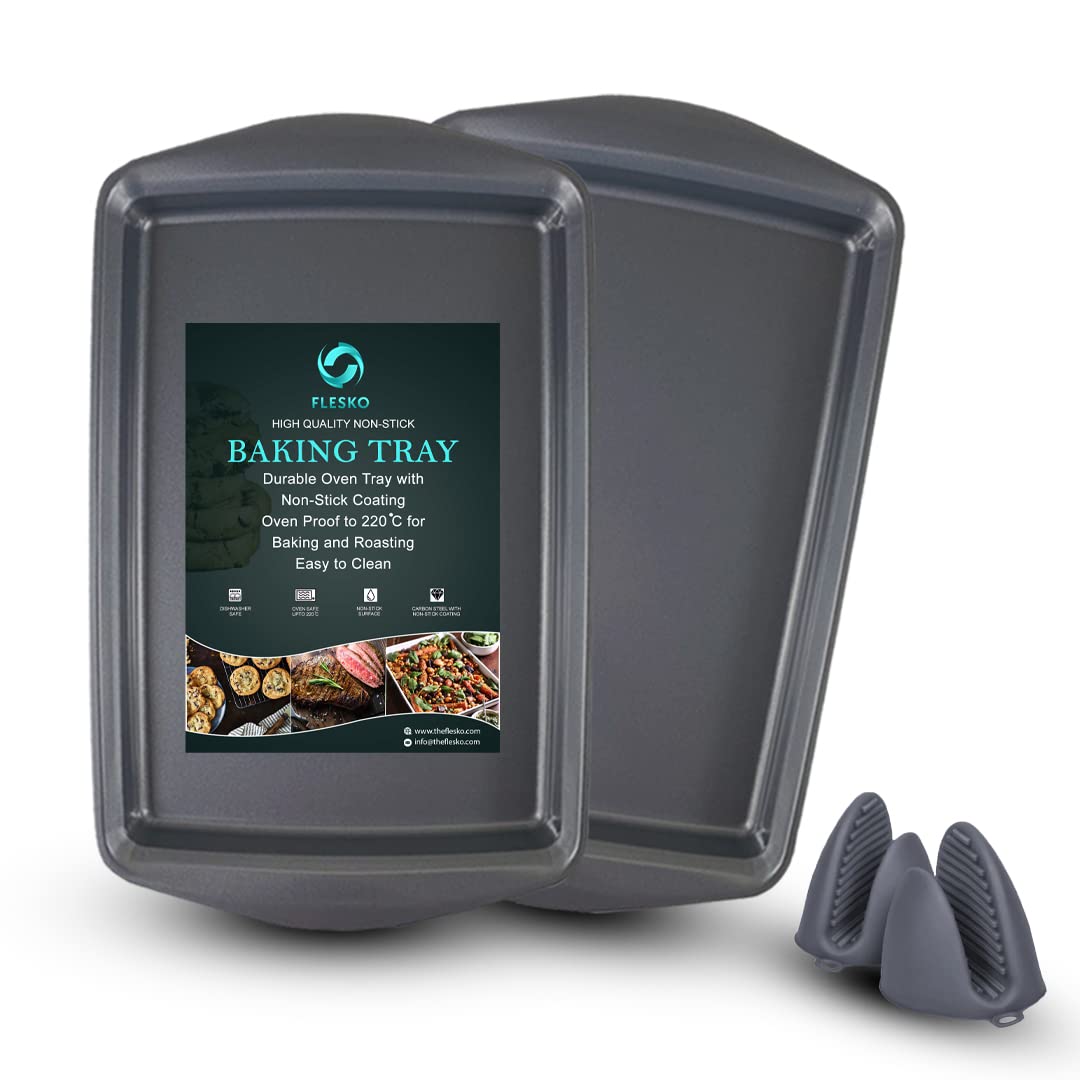 Flesko Large Baking Tray Set of 2 Oven Tray Non-Stick Coating 46 x 28 x 3.7cm with Pair of Mini Silicone Mitts -Rectangle Roasting tin Deep Brownie Tray, Easy Dishwasher