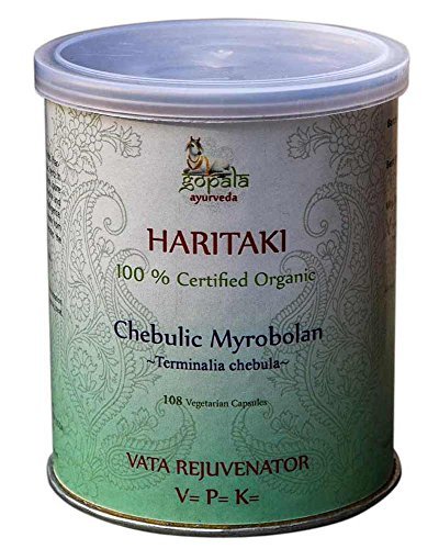 100% Organic Haritaki Chebulic Myrobalan Terminalia Chebula Vata Rejuvenator 108 VCaps of 500mg each by Gopala Organic