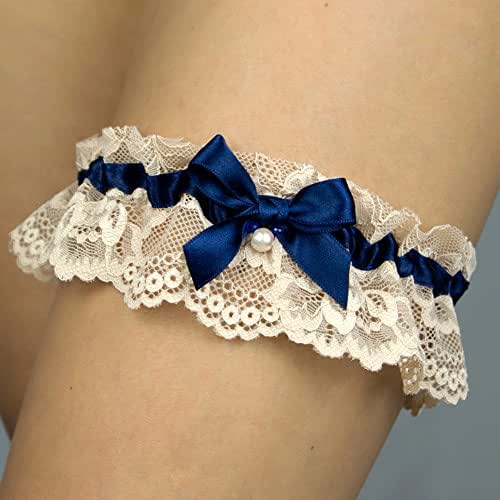 Liguero liga novia boda puntilla beige azul marino Handmade : Amazon.es