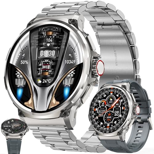 Smartwatch Herren mit Telefonfunktion, 1,85" AMOLED Runder Großbildschirm Sportuhr Herren mit Anrufe Fitnessuhr Herzfrequenzmonitor Schlafmonitor Schrittzähler, Smart Watch für iOS Android (Silber)