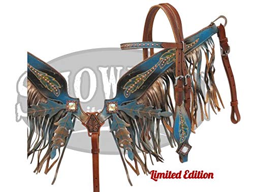 Showman Limited Edition Black & Blue Painted Leather Headstall & Breast Collar Set w/Feather Design & Fringe