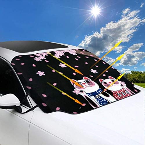サンシェード 大好評です 桜の木の下の猫 車用 フロントガラス 遮光 簡単着脱 丈夫で長持ち 収納ポーチ付き 吸盤付き 断熱