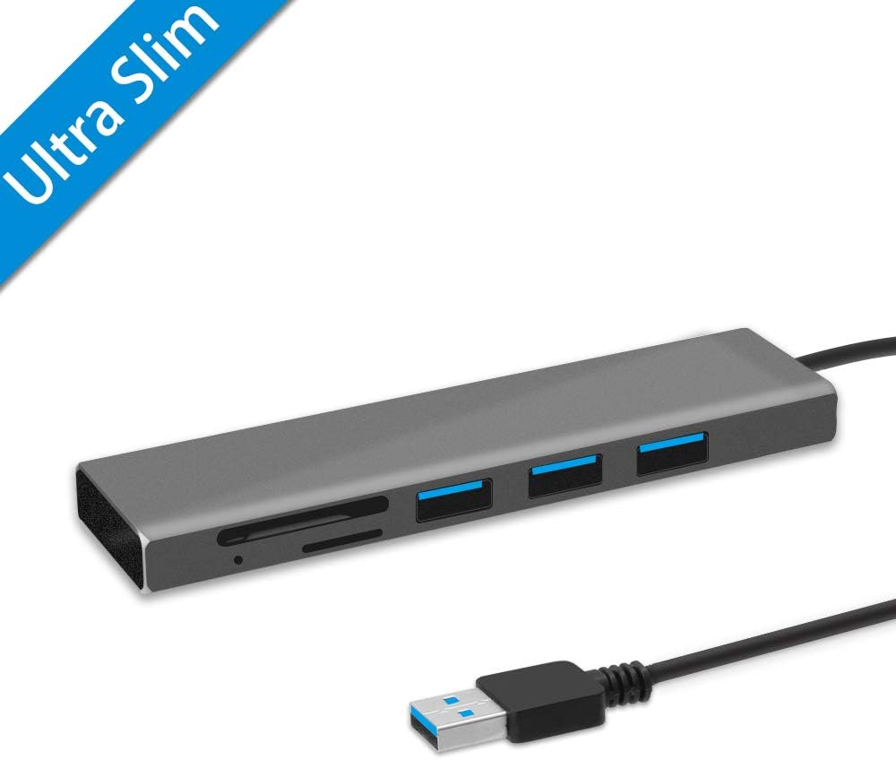 USB 3.0 Hub Ultra Slim 3-Port Aluminum Hub with 2-Slot SD/TF Card Reader Combo, 5 in 1 Superspeed USB 3.0 Hub for MacBook Pro 13/15, iMac, Mac Pro/Mini, Surface Pro, PCs and More - Gray