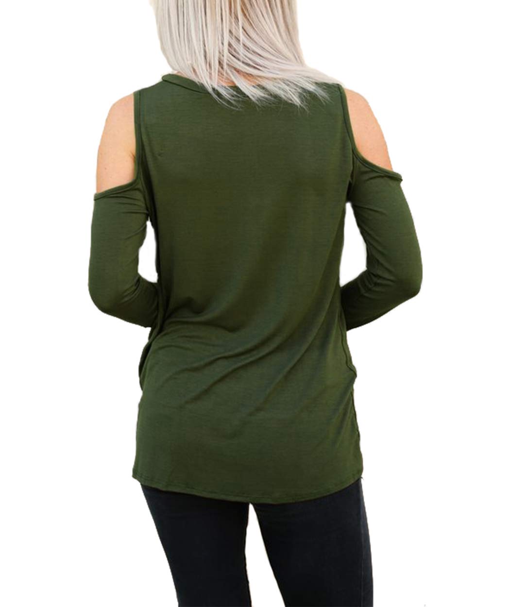 Eanklosco Women\'s Long Sleeve Cold Shoulder Cut Out T Shirts Casual Knot Tunic Tops (Army Green, 2XL)