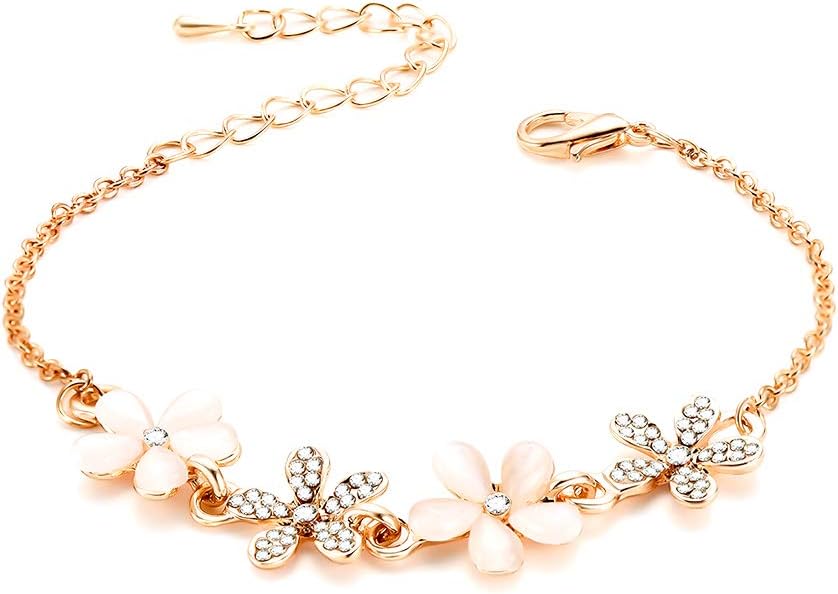 MSYOU Bracelet Charm Elegant Flower Shape Bangle Alloy Rhinestone Adjustable Chain Link Jewelry Gift for Ladies Women Girls(Gold)