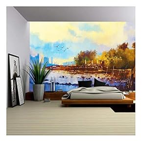 Seascape Watercolor Painting of Beautiful Beach at Sunset - Removable Wall Mural | Self-Adhesive Large Wallpaper - 66x96 inches