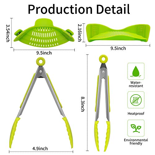 SOOHAO Snap Strainer Kitchen Food Strainers Clip-on Strainer with Cooking Tongs Heat Resistant Silicone, Universal Fit On All Pots and Bowls Home Cooking（Green）
