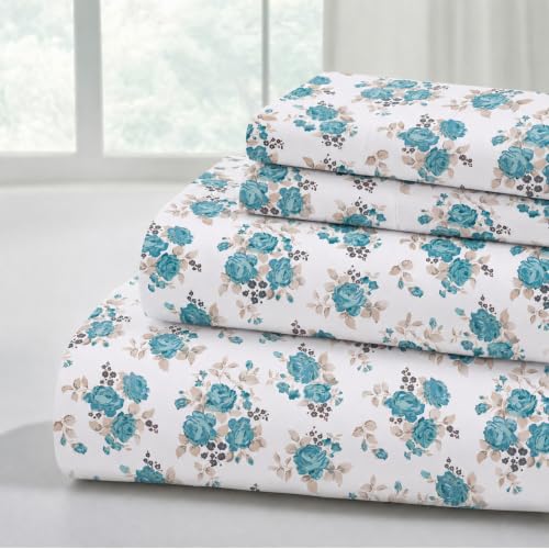 Modern Threads Soft Microfiber Printed Sheets - Luxurious Microfiber Bed Sheets - Includes Flat Sheet, Fitted Sheet with Deep Pockets, & Pillowcases Forever Roses Queen
