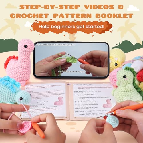 Crochet Kit for Beginners, Beginner Crochet Kit for Adults with Step-by-Step Video Tutorials, DIY Crochet Animal Kits Kids Knitting Supplies, 4 Pack Dinosaurs (40%+ Yarn) Knitting Patterns
