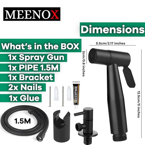 MEENOX - (Black) Handheld Portable Bathroom Shattaf with 1T-Valve - 1.5M Shower Hose - 1 wall mount Bracket - 2 Nails & Glue - Complete Set of Bidet sprayer for toilet