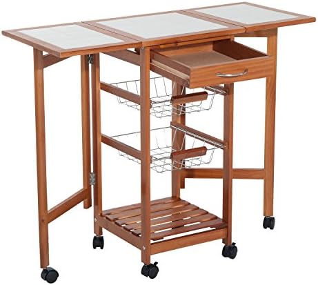 totoshop Portable Rolling Drop Leaf Kitchen Storage Island Cart Trolley Folding Table New Honey Brown and White