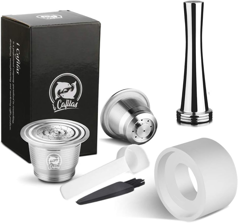 i CafilasReusable Nepresso Capsules,Stainless Steel Refillable Coffee Pods Compatible for Nepresso Machine【OriginalLine】Durable Metal Reusable Coffee Pods (2 Pods,1 Tamper,1 Coffee fillter)