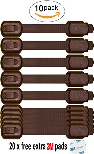 Baby Safety Adjustable Locks - Cabinet Locks - Door, Fridge, Oven, Toilet Seat and Drawer Latches, Free 20 Extra 3m Adhesive Pads, No Tools or Drilling Required, 10 PACK by USA Platinum (Brown)