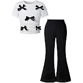 RoseSeek Girl's 2 Piece Cute Summer Clothes Bowknot Ruched Crop Tops and Flare Pants Sets Elegant Outfits