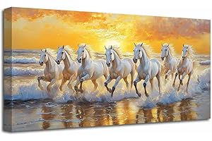 LZIMU Horses Wall Art 7 White Horses Running Picture Wildlife Painting Sunrise Wild Animals Canvas Prints Sunset Nature Lands
