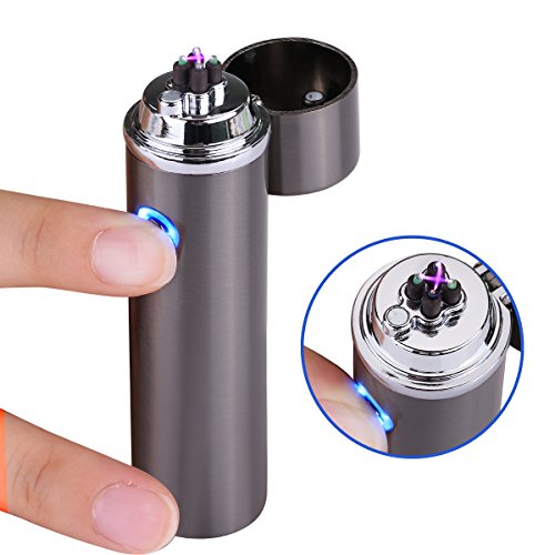 Electric Lighter USB Rechargeable, Acetek Electronic Double Arc Beam Cigarette Plasma Lighter Flameless Windproof No Gas, Metal Body, Gift Box (Grey))