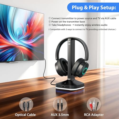 Wireless Headphones for TV Watching, TV Headphones Wireless for Seniors with 3 Audio Modes, Headphone for TV with Transmitter Charging Base, No Delay Over Ear Headset, Gifts for Parents/Elderly