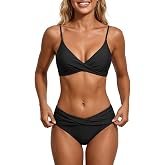 Aqua Eve Two Piece Twist Front Bikini Mid Rise Swimsuit | criss cross bottom; removable pads; Slide metal hardware to alter fit; Modest rear feel with full fabric