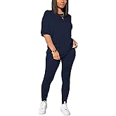 HBQ Women 2 Piece Outfits Summer Sweatsuits Drop Shoulder Tracksuits Biker Short Workout Jogger Sets