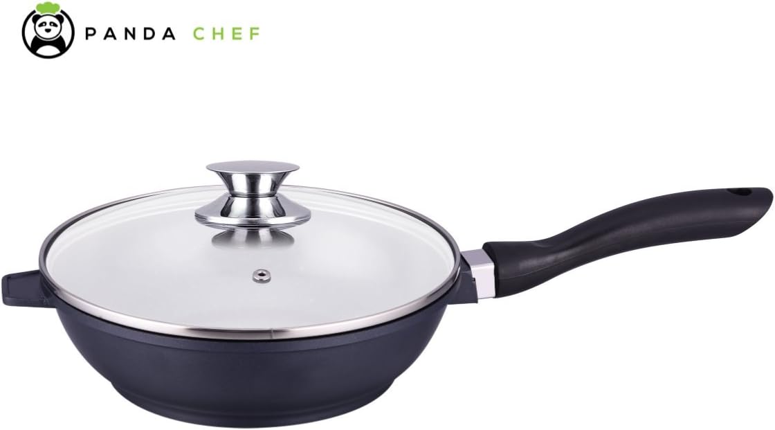 Panda Chef Saute Pan 28cm Aluminium Saute Pan with Ceramic Coating Including Tempered Glass Lid