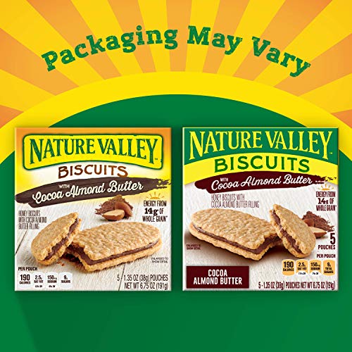 Nature Valley Biscuits, Cocoa Almond Butter, Breakfast Biscuits with Nut Filling, 5 Pouches, 1.