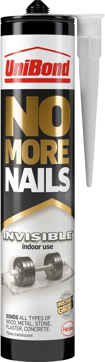 UniBond No More Nails Invisible, Heavy-Duty Clear Glue, Strong glue for Wood, Ceramic, Metal & More, Instant Grab Mounting Adhesive, 1 x 285g Cartridge