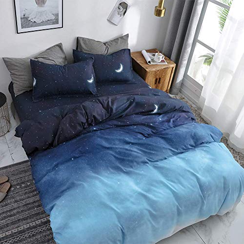 HYPREST Blue Duvet Cover Queen Size, Star Moon Printed Aesthetic Duvet