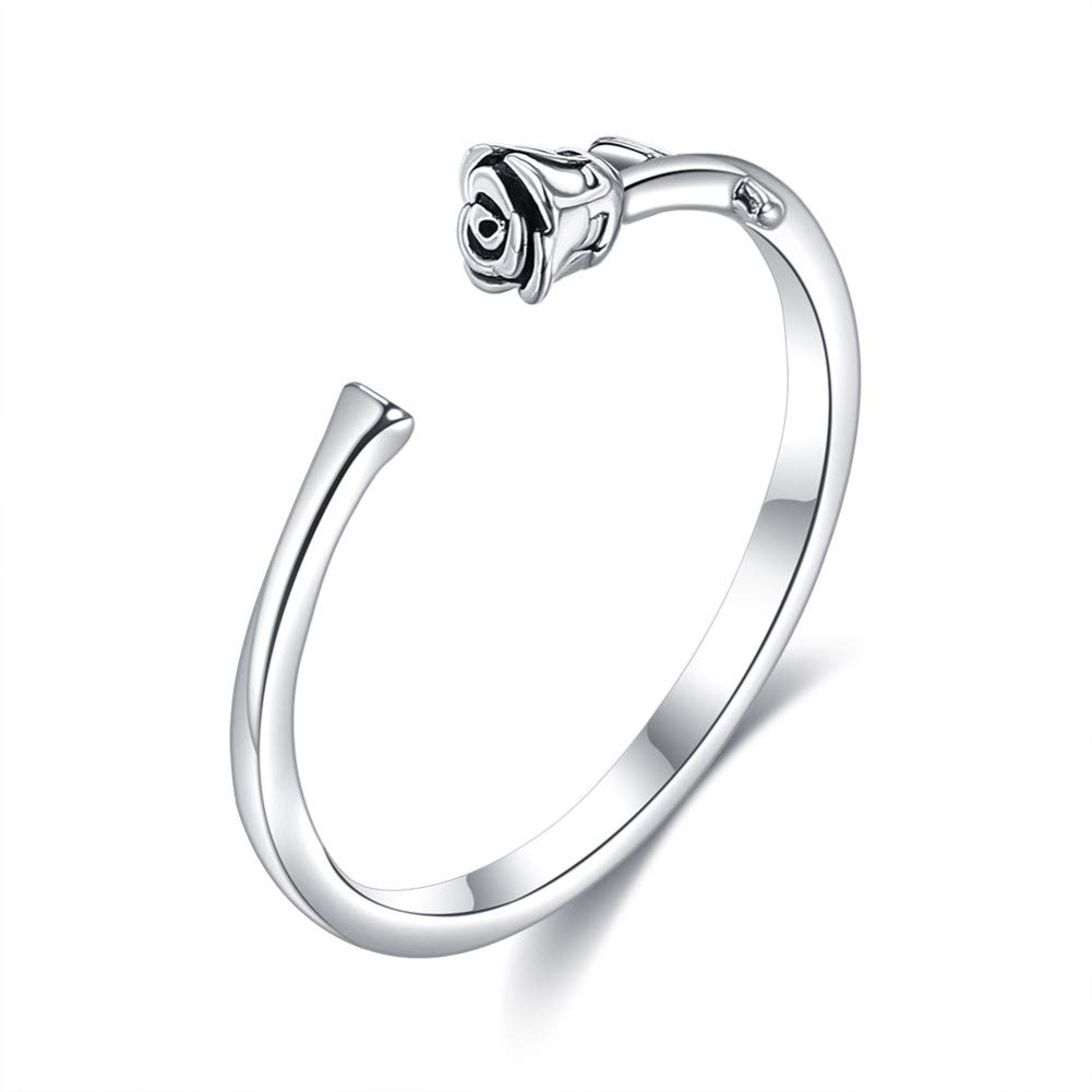 925 Sterling Silver Rose Open Ring 3D Rose Shape Adjustable Size Finger Ring for Women and Girls Party Wedding Jewelry Gifts