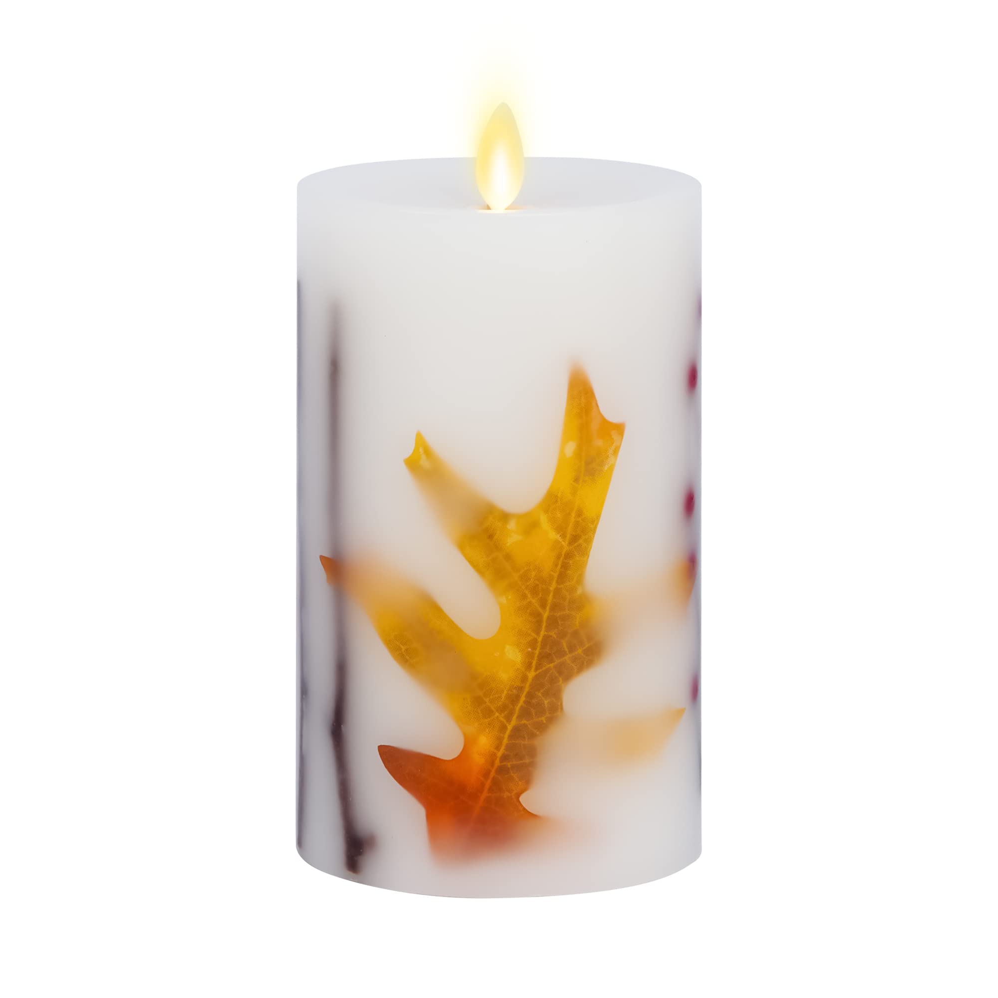 Luminara Embedded Flameless LED Candle - Orange Leaf 3.5" x 6.5" - Moving Flame Pillar, Battery Operated Timer, Real Wax, Unscented, Safe