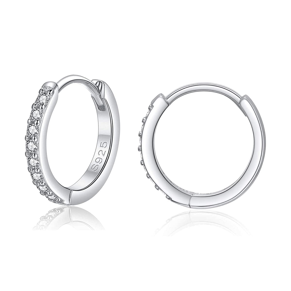 Deyanse Silver Hoops Earrings for Women, 925 Sterling Silver Hoop Earrings with Cubic Zirconia, Sterling Silver Small Sleeper Huggie Hinged Hoop Earring, 14mm Silver Unisex Hoops Earring