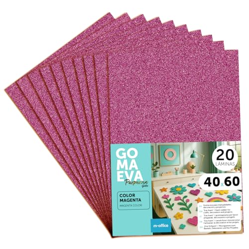 m-office Plaques de Mousse EVA Colorees pailletee 40x60cm, Feuilles de Mousse a Decouper, Mousse Paillete, Ideal pour Loisirs Creatifs, Scrapbooking, École ou Activites Manuelles (Magenta, 20 uds)