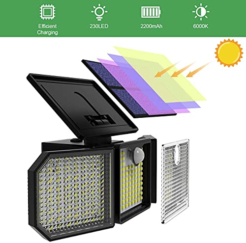 Luz Solar Exterior GolWof 2 Piezas 230LED 3 Cabezas Lampara Solar Exterior con Sensor de Movimiento 270º lluminación Foco Solar Exterior IP65 Impermeable para Frente Jardin Garaje Camino Patio