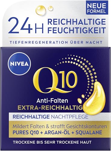 NIVEA Q10 Crème de nuit raffermissante pour le visage avec Q10, huile d'argan bio et squalane, crème pour le visage pour peaux très sèches, Q10 anti-rides extra riche, soin de nuit riche (50 ml)