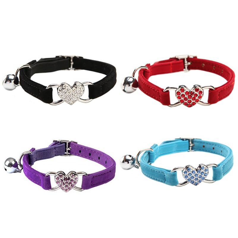 VILLCASE 4pcs Cat Collars with Bells and Heart Charm, Adjustable Kitten Collars for Small Cats and Dogs, Quick Release, Assorted Colors