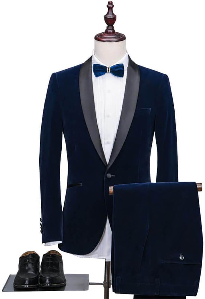 Yunjia Men's Blue Velvet Classic Tuxedo Casual Fit Shawl Lapel with Flat Front Pants Single Breasted Men Suits