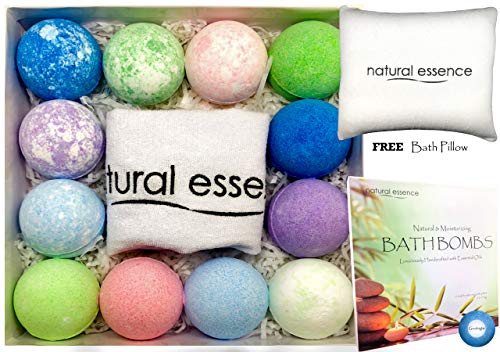 Natural Essence Bath Bombs and Pillow Gift Set, 12 Bath Fizzies and Bath Pillow