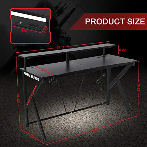 LYNSLIM Black Computer Gaming Desks 55” W x 23” D Computer Table with Display Support Plate