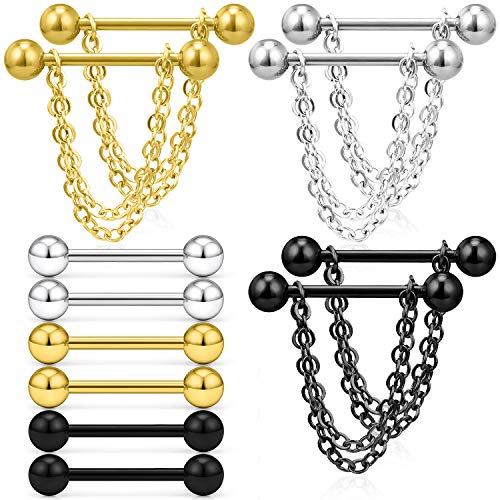 Nipple Rings 14G Surgical Steel Chain Dangle Nipple Shield Barbell Piercing Nipplerings Bar Jewelry for Women Men 6 Pairs