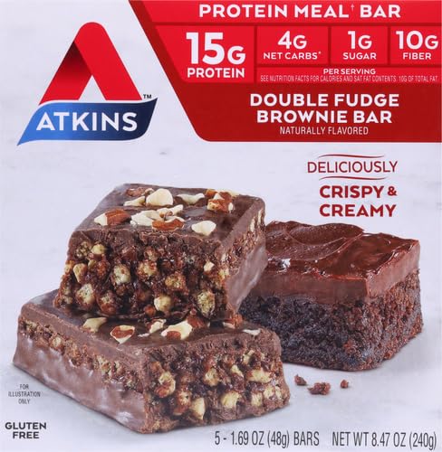 ATKINS DOUBLE FUDGE BROWNIE PROTEIN MEAL BAR, HIGH FIBER, 15G PROTEIN, 1G SUGAR, 4G NET CARB, MEAL REPLACEMENT, KETO FRIENDLY