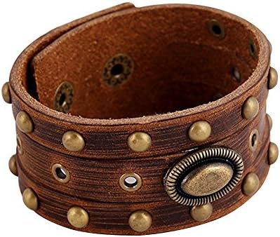 Vintage Punk Rock Wide Leather Belt Wrap Studded Bangle Wristband Adjustable Bracelet Brown
