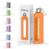 32 Oz Glass Water Bottle With Silicone Sleeve Leak Proof Lid 1L Time Marked Measurements BPA-Free For To-Go Travel At Home Reusable Eco Friendly Safe For Hot Liquids Tea Coffee Daily Intake (Orange)