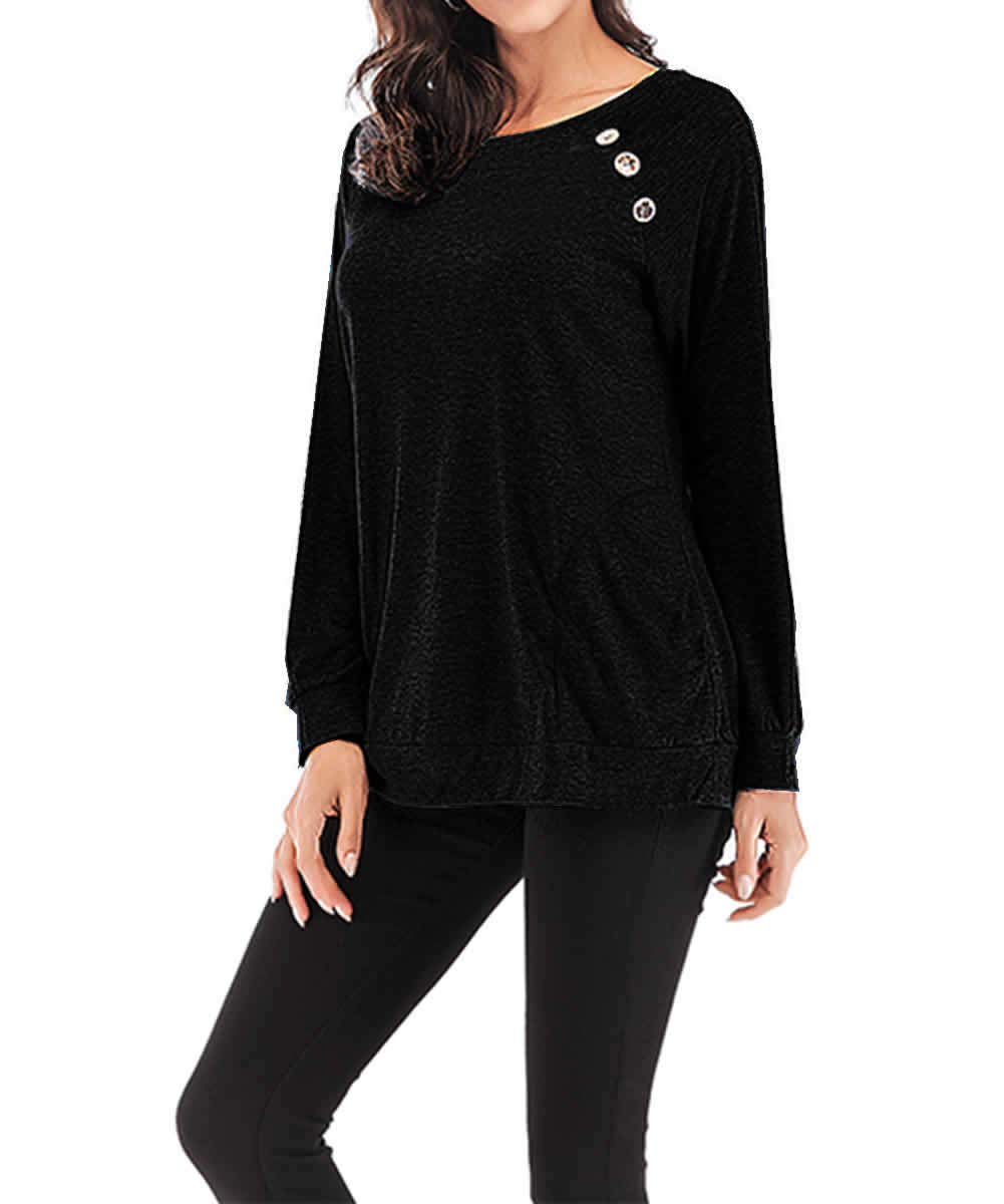 Women\'s Long Sleeve T Shirt Crew Neck Button Casual Blouses Tops with Pocket Black, 3XL