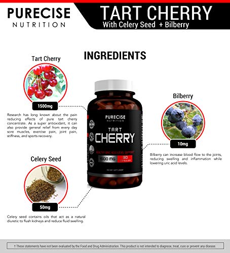 Tart Cherry Extract Capsules 1500mg with Bilberry and Celery Seed Extract - Supports Uric Acid Cleanse, Joint Pain, Healthy Sleep, Muscle Recovery and Anti Inflammatory - 90 Vegetarian Capsules