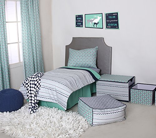 Bacati Noah Tribal 3 Piece Cotton Percale Toddler Sheet Set, Mint/Navy