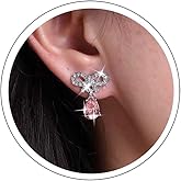 Erimberate Bohemian Teardrop Crystal Bow Dangle Earrings Pink Crystal Drop Earrings Silver Cz Bow Tie Stud Earrings Small Rhinestone Bow Earrings Jewelry for Women Gifts