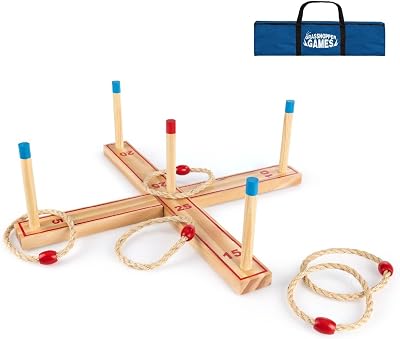 Grasshopper Games Ring Toss Game – Wooden Outdoor Indoor Set with Storage Bag