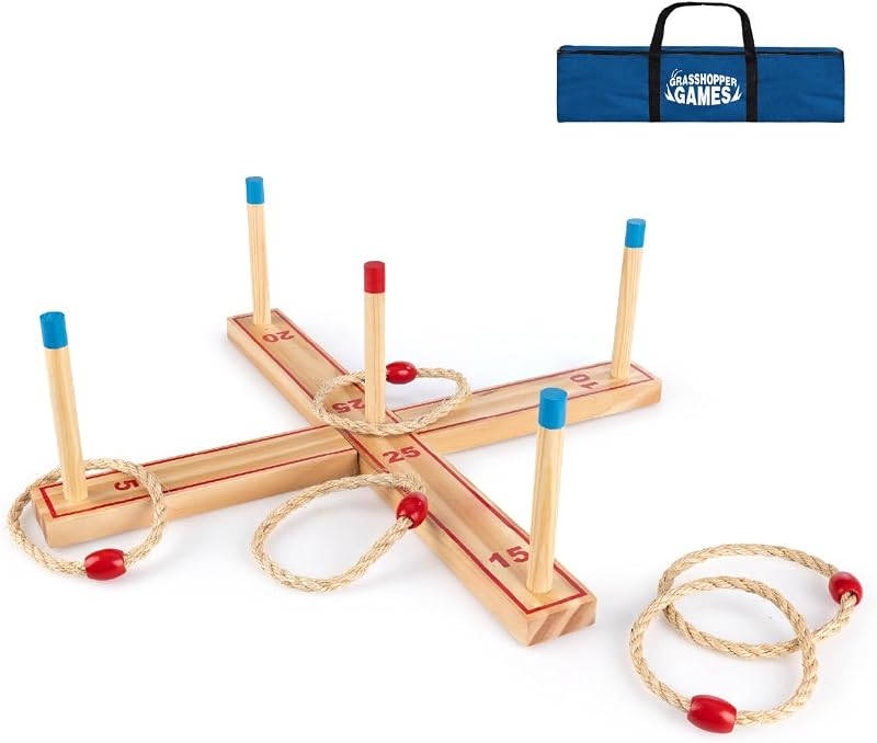 Grasshopper Games Ring Toss Game – Wooden Outdoor Indoor Set with Storage Bag